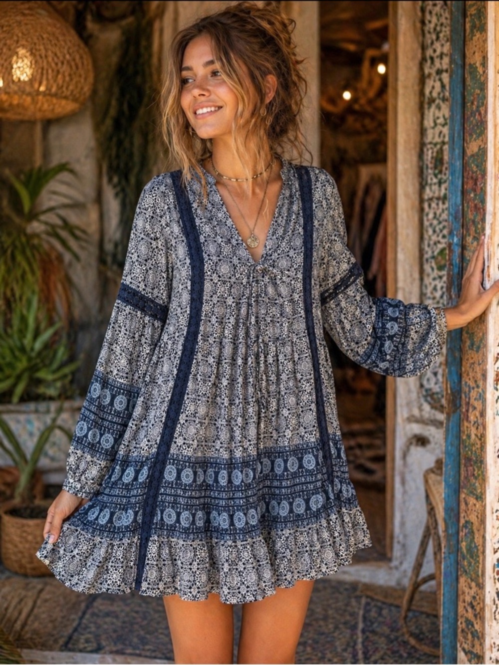 Altar'd State Navy and Cream Boho Floral V-Neck Mini tunic Dress small